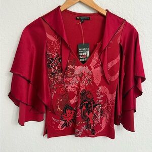 Parasuco Chic Women’s Flutter Sleeve Red Top Blouse Size S, V Neck